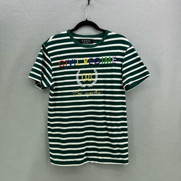 Civil Regime Los Angeles Womens Green White Embroidered Striped T-Shirt Medium - Picture 1 of 8